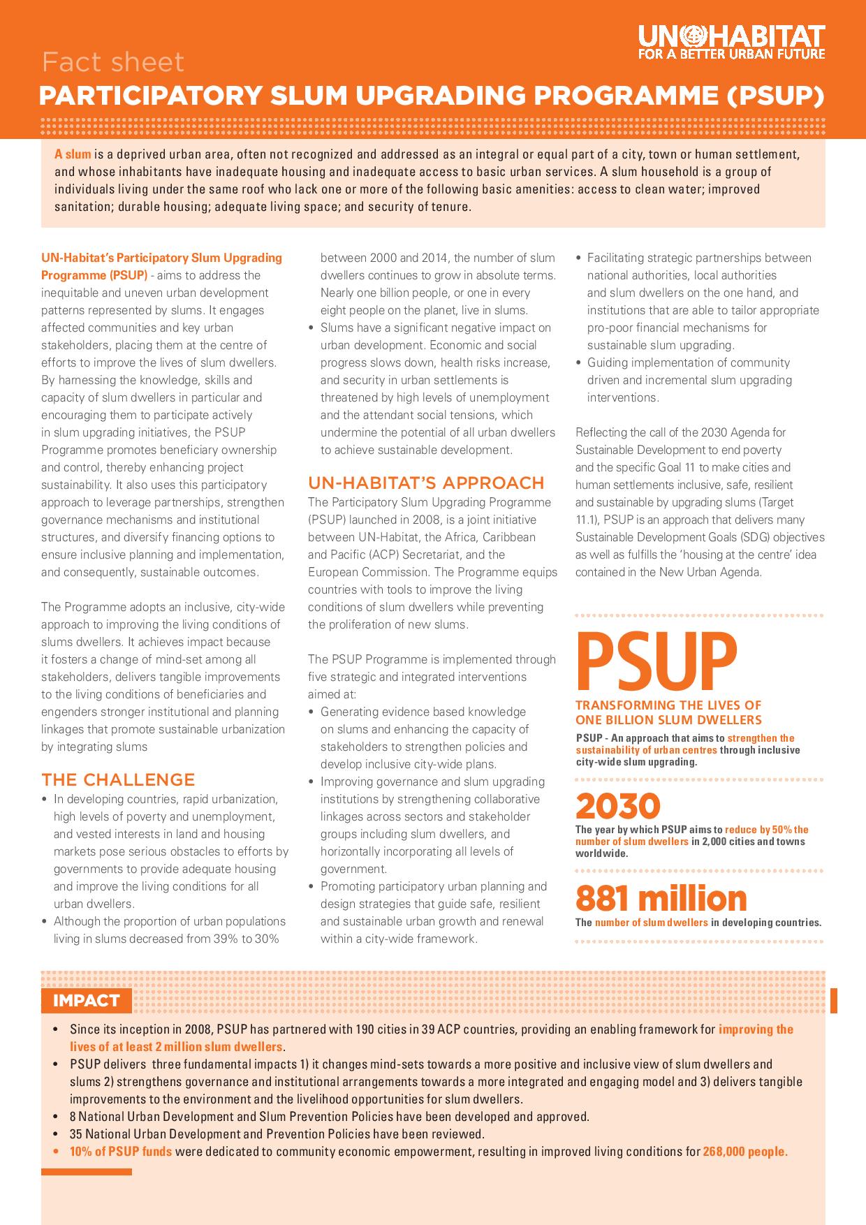 Fact Sheet: Participatory Slum Upgrading Programme (PSUP)