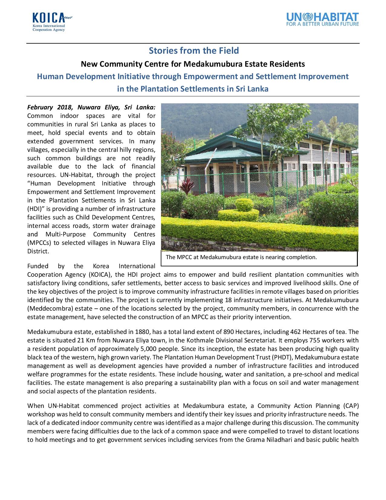 Sri Lanka HDI Case Study: New Community Centre for Medakumubura Estate Residents