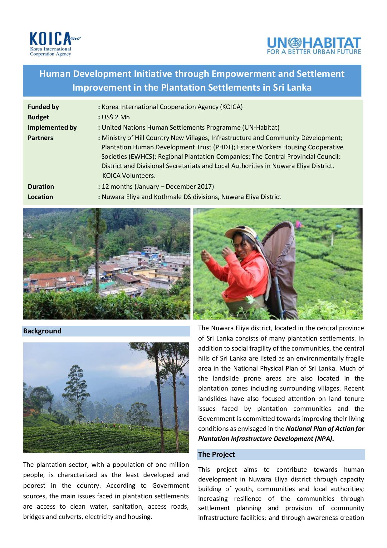 Project Brochure: Human Development Initiative through Empowerment and Settlement Improvement in the Plantation Settlements in Sri Lanka