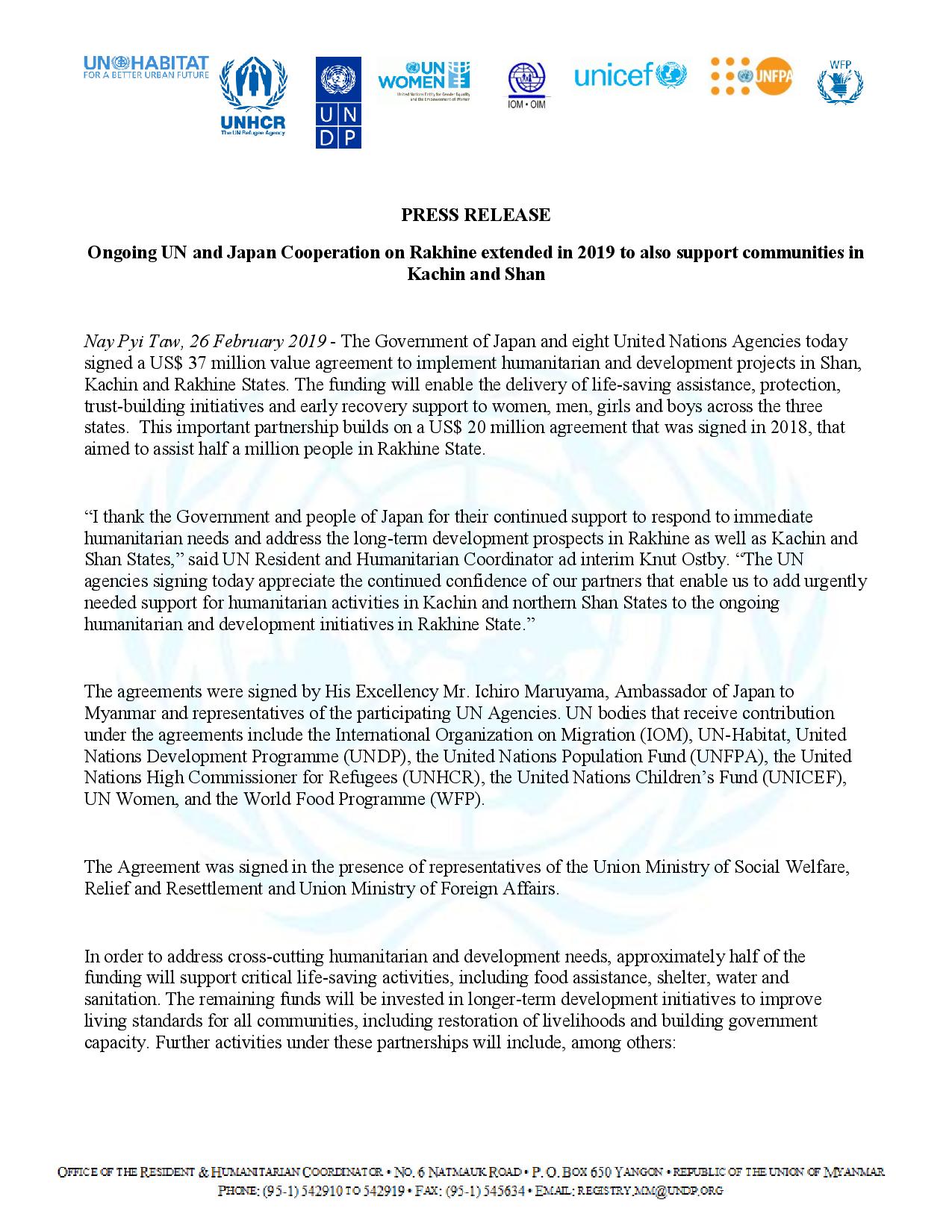 PRESS RELEASE – Myanmar: Ongoing UN and Japan Cooperation on Rakhine extended in 2019 to also support communities in Kachin and Shan (PDF)